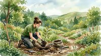 Young woman gardener planting vegetables in organic garden with rolling hills landscape. Sustainable farming and healthy lifestyle concept.