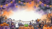 Spooky Halloween party scene with jack-o-lanterns, ghosts, witches, and festive decorations on purple and orange gradient background. Perfect for seasonal marketing and holiday designs.