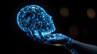 Glowing blue digital brain emerging from light bulb on dark background, representing artificial intelligence and innovative technology solutions.