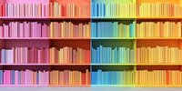Colorful rainbow gradient bookshelf with books arranged by color from pink to yellow and blue, creating vibrant spectrum display in modern library or bookstore setting.