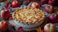 Homemade apple pie with decorative lattice crust in white ceramic baking dish surrounded by fresh red apples and autumn decorations, perfect for seasonal food photography and holiday recipes.