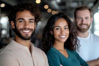 Diverse group of young professionals smiling at camera in modern office setting with bokeh lights background, showcasing workplace diversity and teamwork.