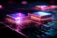 Glowing microprocessor chips on circuit board with purple and blue neon lights creating futuristic technology visualization for computing concepts.