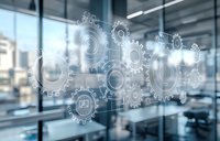 Digital gears and cogs mechanism floating in modern office space, representing business automation, workflow and technology integration process.