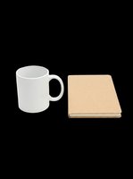 White ceramic mug and kraft notebook set isolated on transparent background, ready for sublimation, print on demand, sticker, clipart, and t-shirt design use.