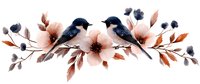 Two birds perched on floral branch with pink watercolor flowers and navy blue berries, artistic botanical composition on white background, isolated design element.