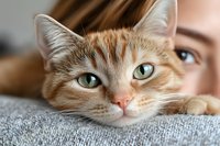 Close up portrait of ginger cat with green eyes lying on gray textile, young Asian woman partially visible in background, showing tender connection between pet and owner.