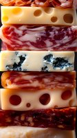 Stacked layers of gourmet cheese and cured meat varieties creating a colorful food pattern for charcuterie board presentation.