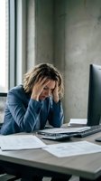 Stressed businesswoman holding head in hands at office desk with computer and paperwork showing work pressure and mental fatigue in corporate environment.