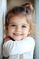 Caucasian preschool girl with bright blue eyes and blonde hair smiling warmly while wearing white sweater, natural light portrait showing pure joy and innocence.