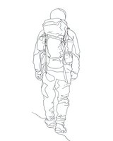 Continuous line drawing of hiker with backpack walking forward. Minimalist single line art style for outdoor adventure and travel designs.