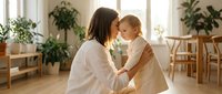 Young Caucasian mother in white sweater holding blonde toddler daughter in bright modern living room with plants and natural light for family bonding moments.