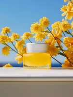 Yellow cosmetic cream jar with bright yellow flowers against blue sky background, natural skincare concept for beauty and wellness advertising.