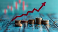 Stacked coins with ascending height and red arrow showing upward trend on blue financial chart background, representing growth and investment success.