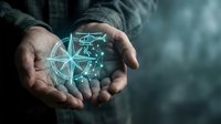 Hands holding glowing digital compass with network connections, representing navigation, technology, and direction for business and digital transformation concepts.