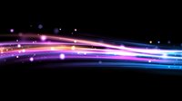 Glowing neon light trails with purple and blue colors streak across dark background creating dynamic motion effect with floating bokeh particles and lens flares.