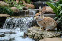 Adorable brown rabbit sitting on stone beside flowing waterfall in peaceful garden setting with lush green plants and natural rock formations.