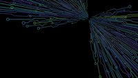 Abstract digital network visualization with glowing blue and green connection lines radiating from central points on black background for technology concepts.
