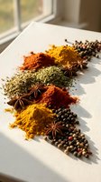 Colorful aromatic spices and herbs arranged on white surface with natural sunlight creating warm shadows for culinary cooking and seasoning recipes.