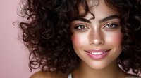 Young mixed-race woman with curly hair and natural makeup smiling at camera against pink background. Portrait for beauty and lifestyle concepts.