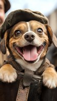 Happy Chihuahua mix dog wearing brown cap and leather harness shows excited expression with wide smile and bright eyes, close-up portrait against light background.