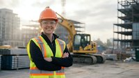 Confident female construction worker in safety gear smiling at building site with excavator and urban development background during golden hour.