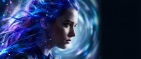 Woman with glowing blue digital energy waves flowing from head, representing artificial intelligence, technology, and futuristic innovation concepts for digital transformation projects.