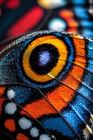 Extreme close-up macro shot of vibrant butterfly wing showing intricate eyespot pattern with orange, blue and black colors against blurred background.