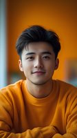 Young Asian man in orange sweater smiling warmly at camera with soft natural lighting and blurred background for lifestyle and portrait photography.
