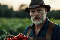 Senior Caucasian male farmer with gray beard and hat holding fresh red tomatoes in wooden crate at sunset on organic farm field for agriculture concept.