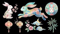 Colorful decorative rabbit and floral elements isolated on transparent background, ready for t-shirt design, clipart, stickers, sublimation, and print-on-demand projects.