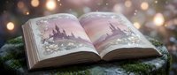 Open fairy tale book with a magical castle illustration, floral ornaments, and glowing bokeh lights, evoking fantasy and enchantment.