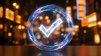 Glowing neon checkmark symbol in circular frame against blurred city lights background. Digital approval concept for business presentations and marketing.