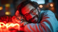 Bearded man in glasses cuddling with fluffy cat under warm red neon lighting, creating cozy intimate atmosphere. Emotional connection between pet owner and animal.