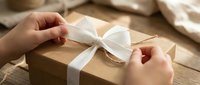 Hands tying white ribbon bow on kraft paper wrapped gift box on wooden surface. Suitable for holiday, celebration, and packaging design projects.