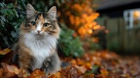 Adorable fluffy calico cat sitting among colorful autumn leaves in cozy backyard setting with warm bokeh lights creating magical seasonal atmosphere.