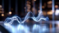 Glowing blue light wave pattern with sparkling particles flowing in dark space, creating dynamic motion effect on reflective surface. For technology backgrounds.