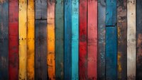 Weathered wooden planks in vibrant colors create rustic wall texture. Multicolored vertical boards with distressed paint and natural wood grain patterns form vintage background.