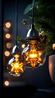 Glowing star-shaped LED bulbs hanging against dark background with pine branches and bokeh lights create cozy festive atmosphere for holiday decor.