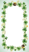 St Patrick's Day decorative border with shamrocks, leprechaun hats and pot of gold coins on white background for Irish holiday greeting cards and invitations.