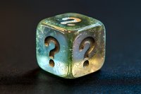 Translucent glass cube with question marks on each face creating mystery and uncertainty concept for decision making and unknown outcomes in business.