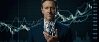 Young adult male, Caucasian, wearing business attire holding white headphones around neck with financial stock market charts glowing in background. Suitable for finance, technology, trading, and business concepts.