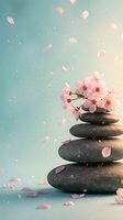 Zen spa stones with pink cherry blossoms and floating petals on soft gradient background for wellness and meditation concepts.