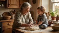 Grandmother and grandson baking together in rustic kitchen, kneading dough on wooden table. Warm family bonding moment for cooking and baking content.
