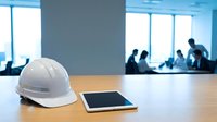 White safety helmet and digital tablet on wooden conference table in modern office meeting room with business team in background.