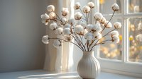 Fluffy cotton stems in white ceramic vase by window with soft natural sunlight creating cozy minimalist home decor atmosphere. Morning golden light adds warmth.