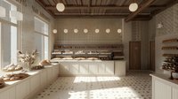 Modern minimalist bakery interior with sunlit floor, wooden beams, and glass display cases filled with fresh bread and pastries on white shelving against exposed brick walls.