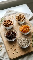 Assorted nuts, dried fruits and seeds in glass bowls on wooden cutting board. Healthy snacking ingredients for cooking and baking recipes.