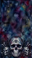 Ornate skull with decorative floral patterns and smaller skulls surrounded by roses against a dark, moody watercolor background in deep blues, purples, and reds.