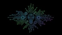 Digital lightbulb with circuit board patterns radiating outward in neon colors on black background for technology and innovation concepts.